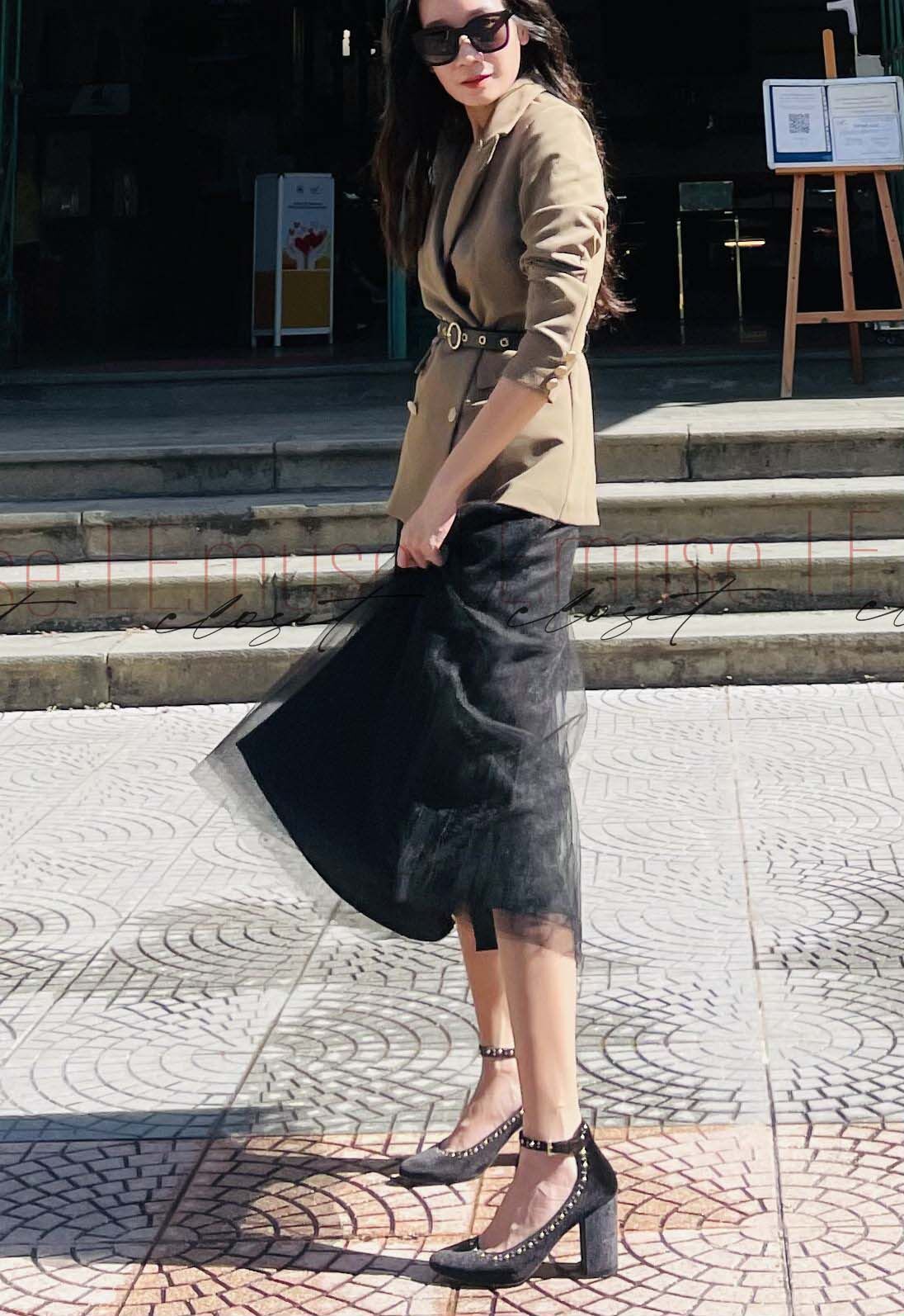 Chân váy lưới dập ly 4 lớp màu đen