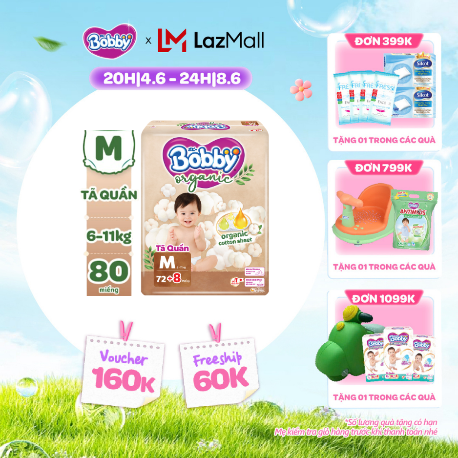 [QUÀ TẶNG HẤP DẪN TỪ 9-10.6][MỚI RA MẮT] [TẶNG KÈM 8 MIẾNG] Tã quần cao cấp Bobby Organic chăm sóc dịu nhẹ từ thiên nhiên M72