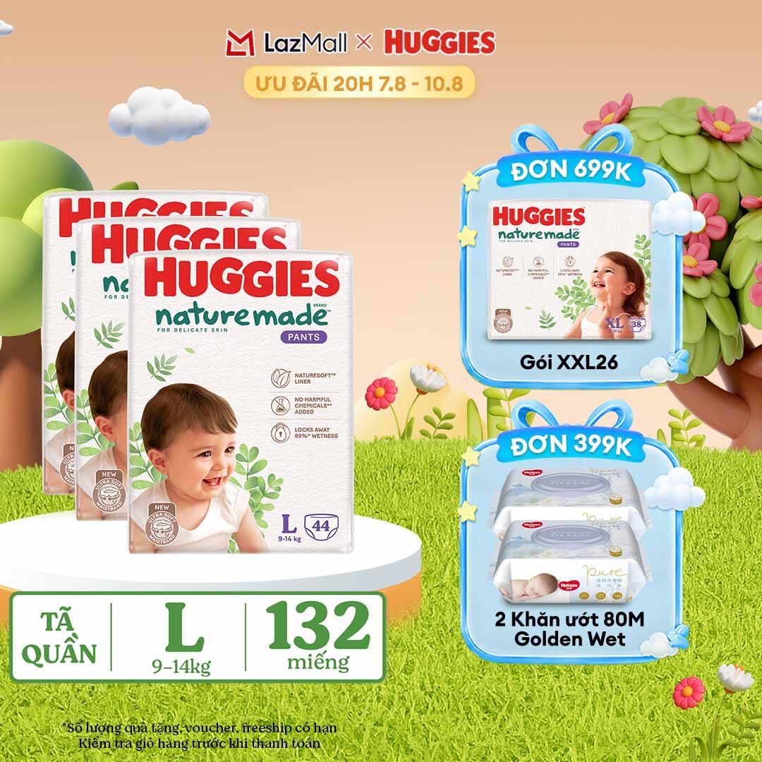[20h 7-10.8 QUÀ TẶNG ĐƠN 399K] Combo 3 Tã/Bỉm quần HUGGIES PLATINUM NatureMade L44 (9-14kg)-Gói Jumbo 44 miếng