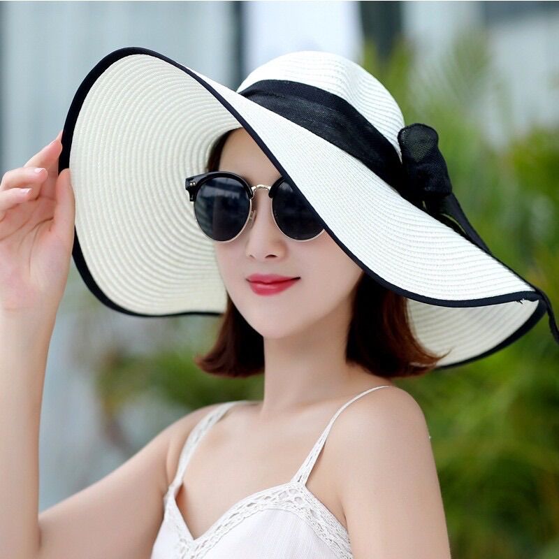 Nón Cói Đi Biển Vành Rộng Viền Đen Phối Dây Nơ Đen - Mũ cói rộng vành, nón cói đi biển nữ vành lớn đai nơ phong cách vintage chống nắng