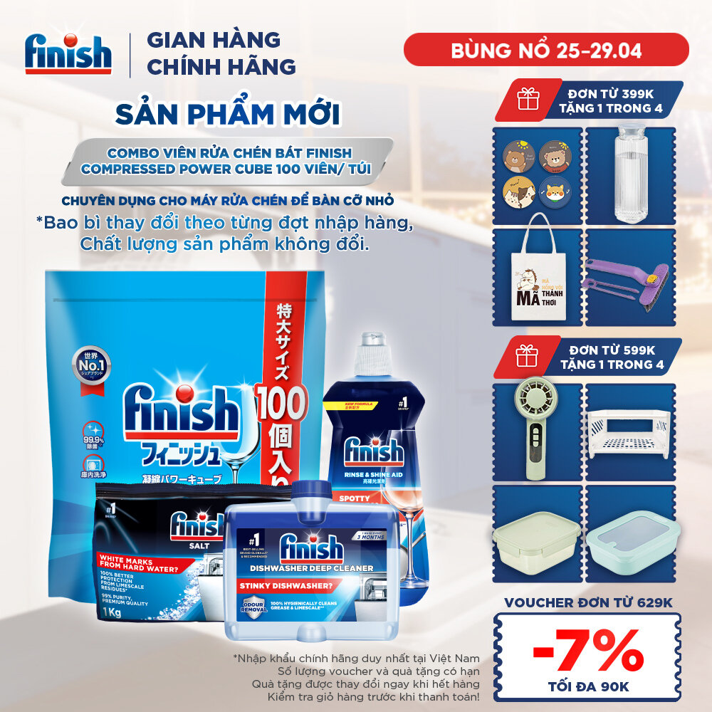 Combo Finish: Viên Rửa Chén Finish Nhật Bản Power Cube 100 Viên + Nước bóng + Dung dịch vệ sinh máy + Muối 1kg
