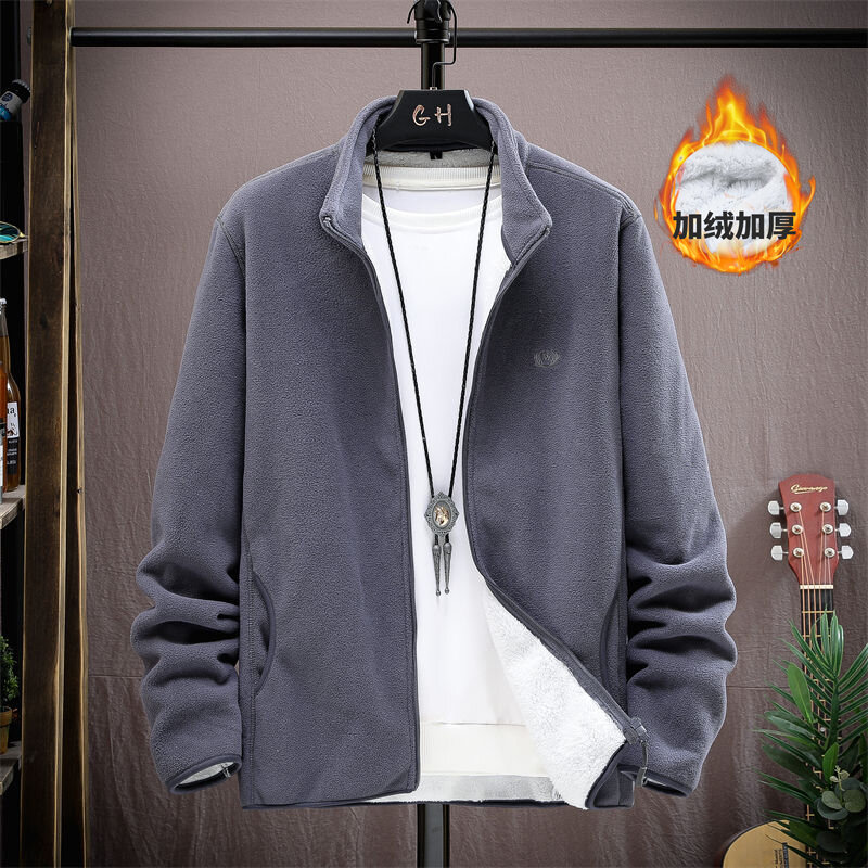 Áo Khoác Lông Cừu Nam Áo Khoác Cardigan Len Nỉ Hạt Mùa Thu Đông Trang Phục Nam Một Màu Cổ Đứng Thường Ngày Nam Lót Lông Dày Dặn Sành Điệu