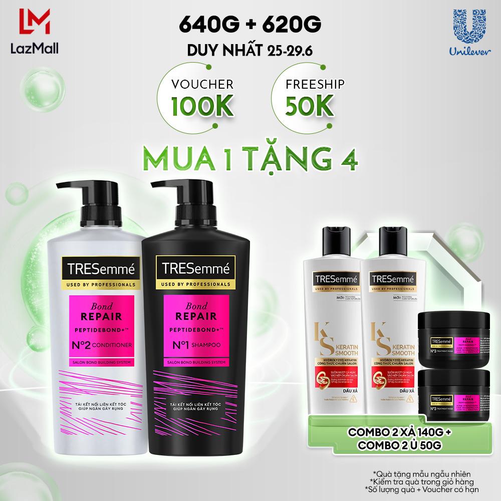 Combo Dầu Gội, Dầu Xả TRESemmé Bond Repair Peptidebond+ 640g, 620g Cho Tóc Hư Tổn Do Tạo Kiểu Giúp Ngăn Gãy Rụng