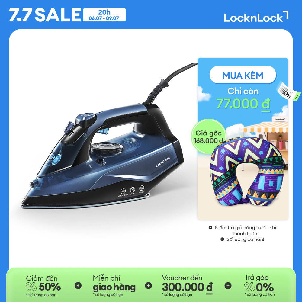 Bàn ủi hơi nước LocknLock ENI362BLU 2000-2400W, 340ml - màu xanh dương - Tăng cường phun hơi đáy phun tia, có chế độ tự làm sạch