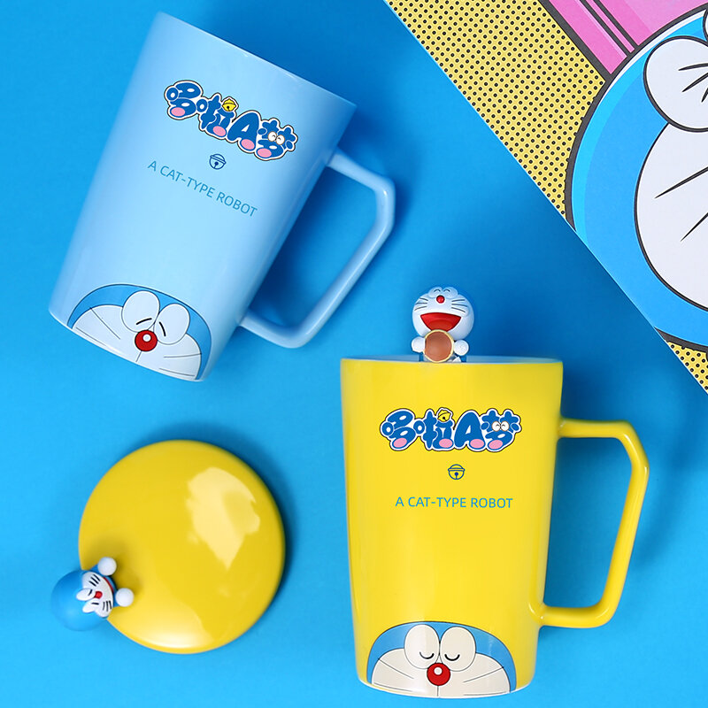Cốc nước doraemon cốc sáng tạo cốc mug kèm thìa nắp gốm sứ mùa hè nữ cốc cà phê cặp đôi gia dụng đáng yêu nam
