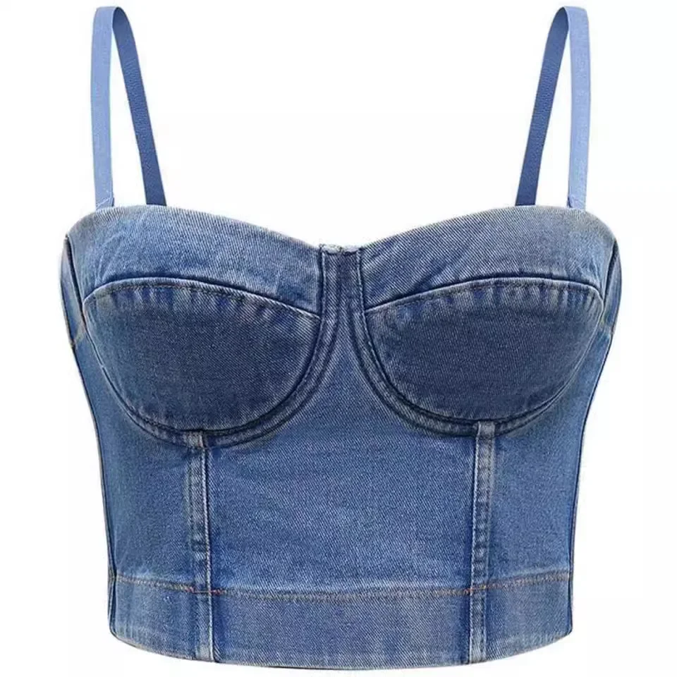 Denim Nữ Crop Tank Top Dây Liên Kết Thiết Kế Ngực Phong Cách Gợi Cảm Bó Sát Yếm Cho Amazon 2024 Xuyên Biên Giới