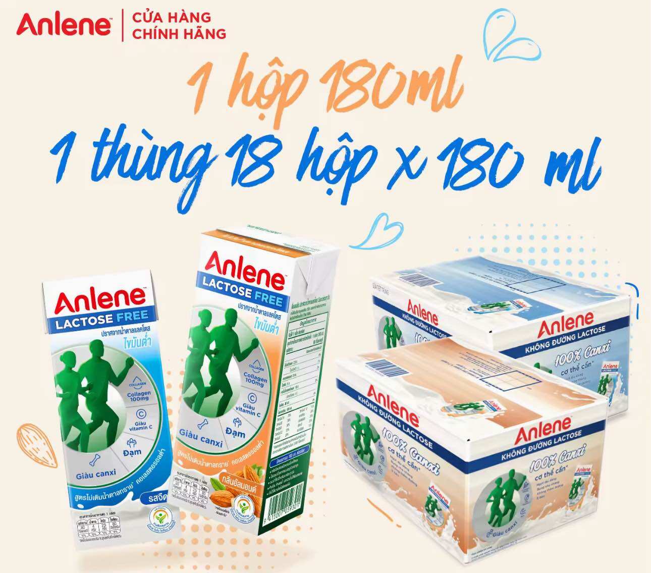 Anlene KHÔNG ĐƯỜNG LACTOSE vị Nguyên bản/ Hạnh Nhân 180ml