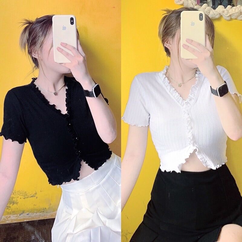 Áo Croptop Viền Bèo Cúc Bọc YUMI BÁN SỈ Áo Croptop Cổ V Bèo Chất Thun Gân Siêu đẹp