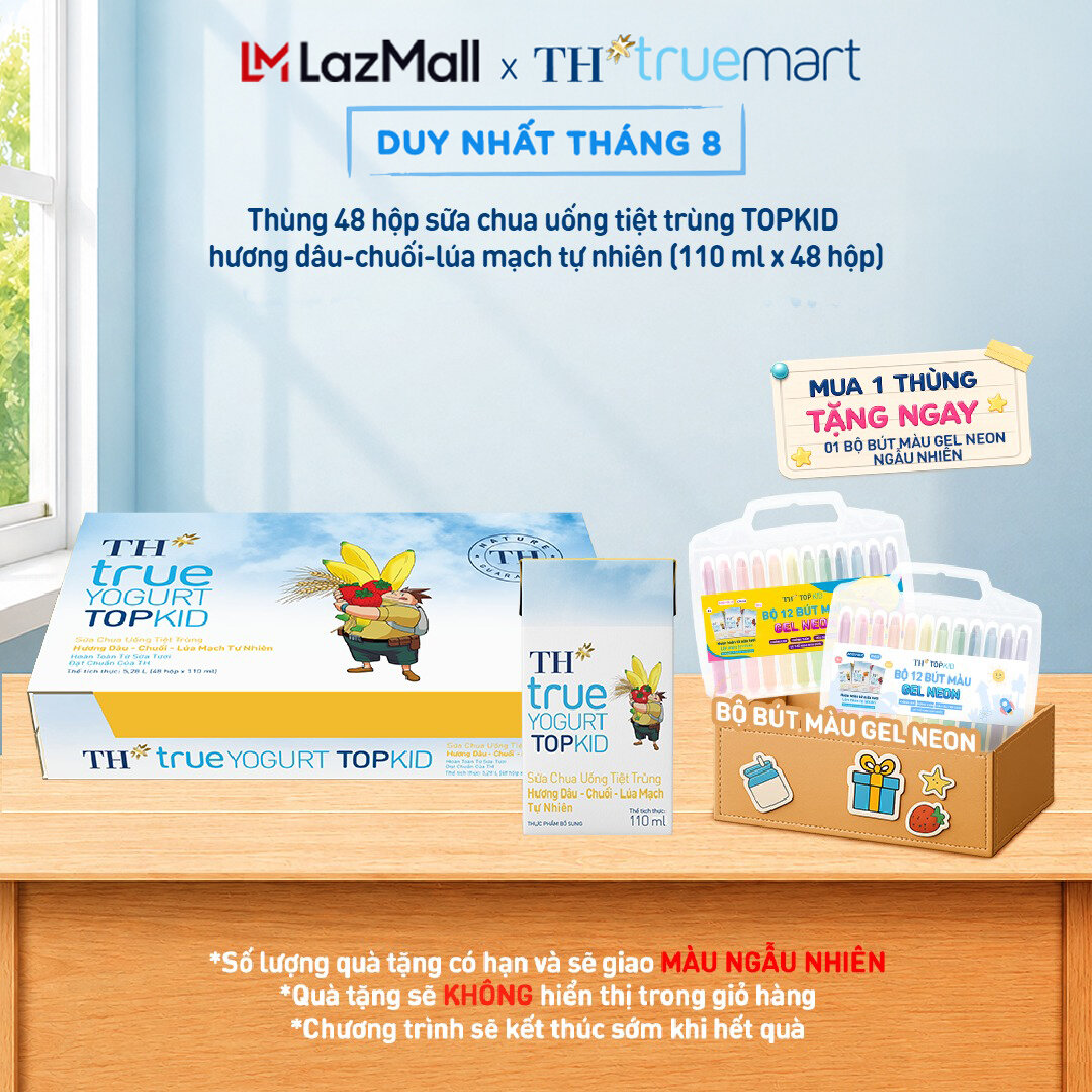 Thùng sữa chua uống tiệt trùng TH TOPKID hương dâu-chuối-lúa mạch tự nhiên 110ml x 48 hộp