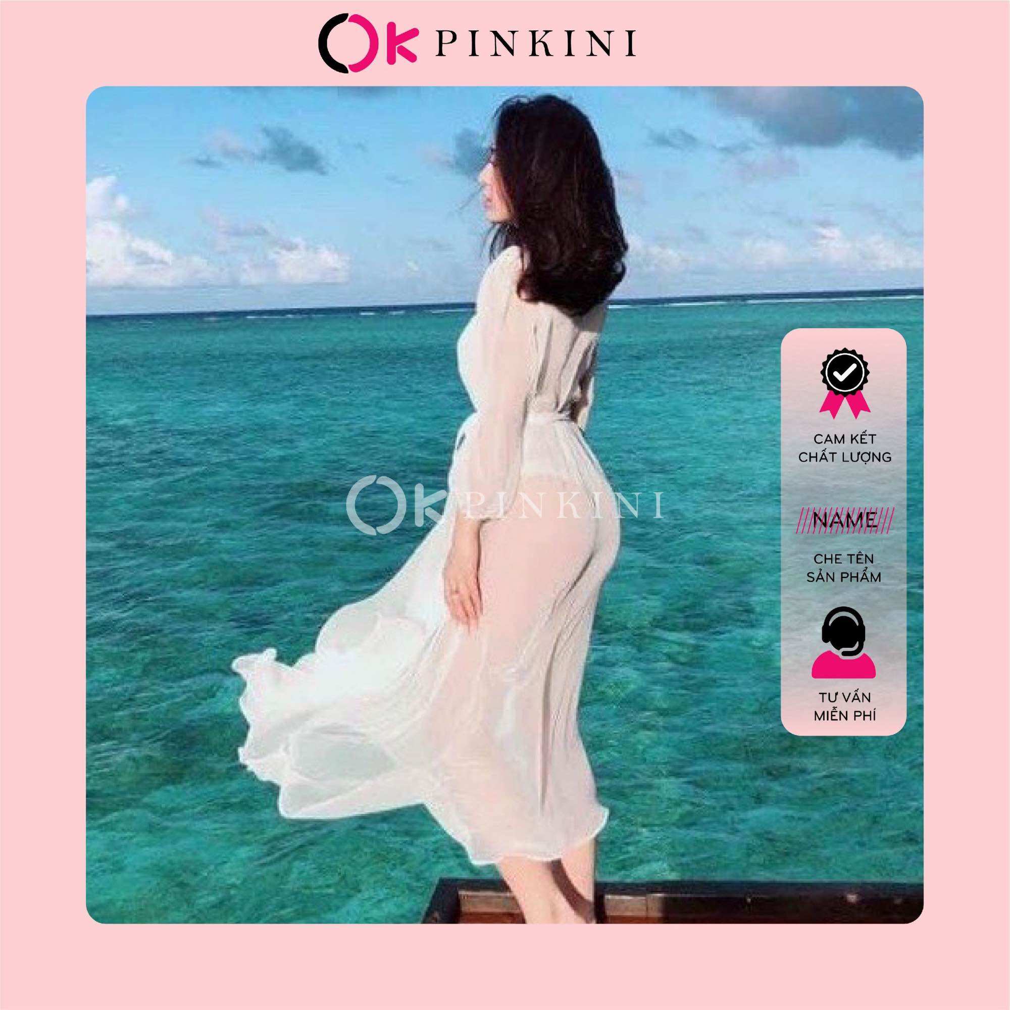 Áo khoác kimono đi biển dáng dài, áo choàng bikini chân váy voan gk0402