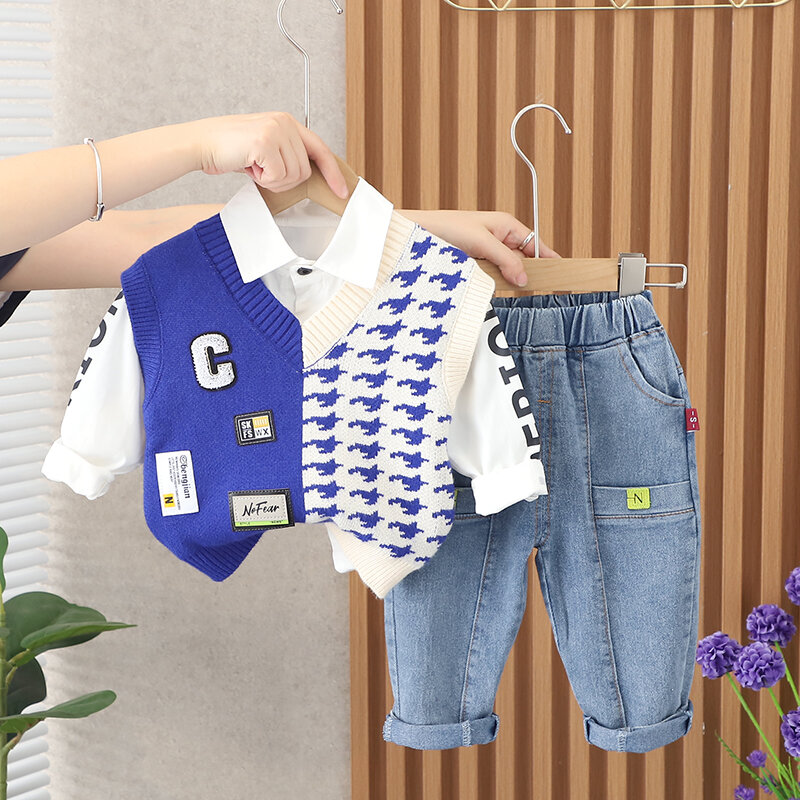 Bộ quần áo mùa thu cho bé áo len bé trai mẫu mới 2024 bộ ba chiếc áo gile trẻ em mùa xuân thu đẹp trai trẻ sơ sinh quần áo