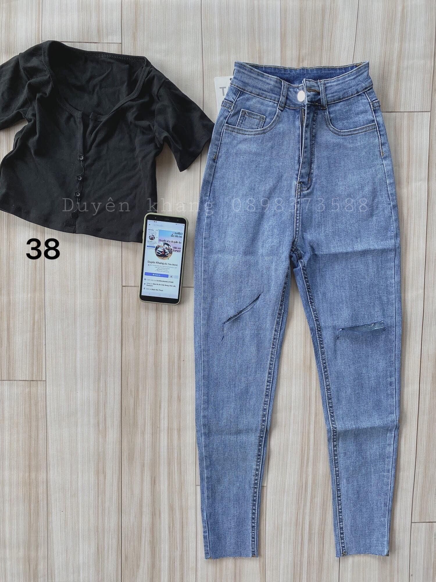 ✨jeans dài lưng cao co giãn rách xéo pt