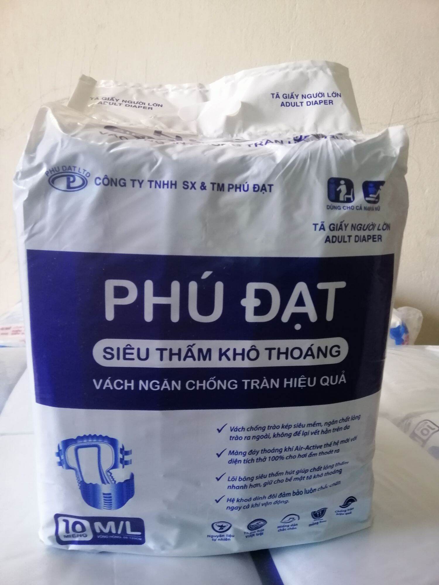 Bỉm dán người lớn 40 miếng Phú Đạt có vách chống tràn 2 bên size M /L từ 40_80kg dùng siêu thấm hút tốt
