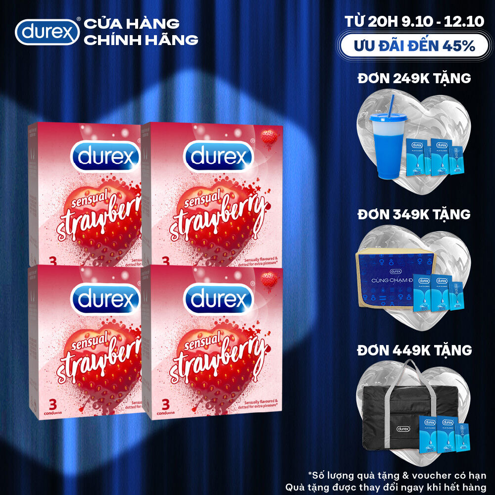 [TỪ 20H | 9-12.10 VOUCHER GIẢM THÊM 5%] Bộ 4 hộp bao cao su Durex Sensual Strawberry hương dâu (size 52mm, 3 bao/hộp)