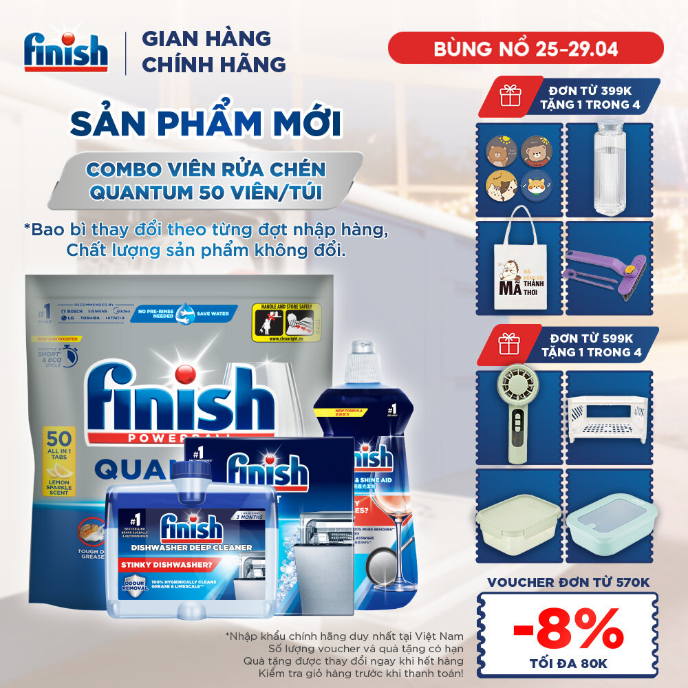 Combo Finish: Viên Rửa Chén Bát Finish Powerball Quantum 50 viên + Nước Làm Bóng 500ml + Muối Rửa Chén Bát 2kg + Dung dịch vệ sinh máy