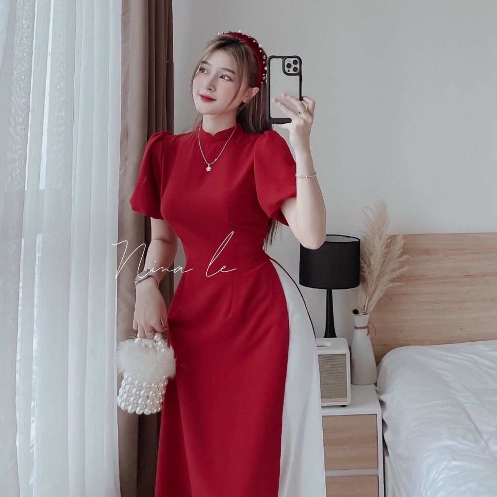 Set áo dài cách tân, áo dài Tết thời trang mặc đi chơi chất áo vải đũi, quần lụa.