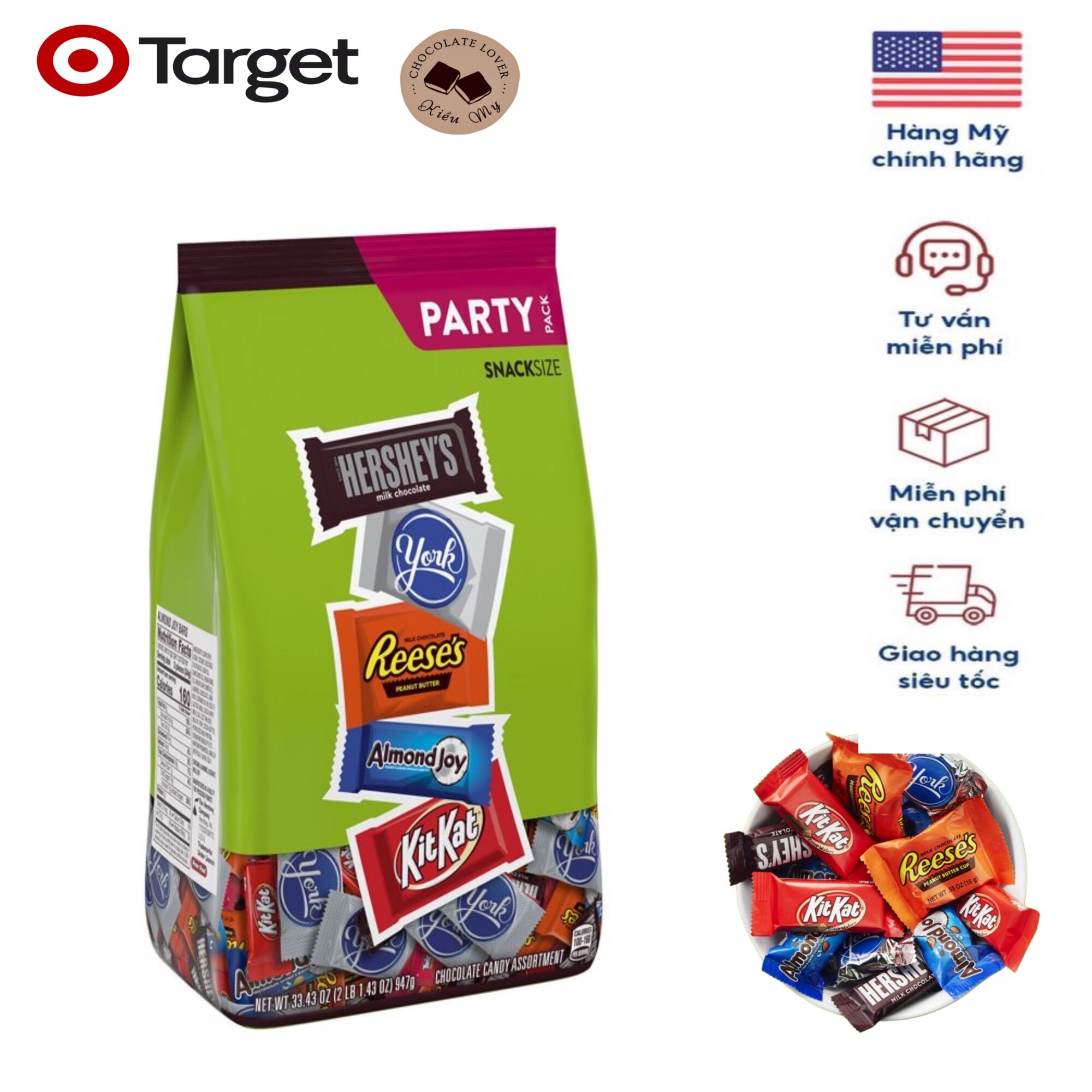 Kẹo socola mỹ mix hershey, york, reese's, almond joy, kit kat túi 947g