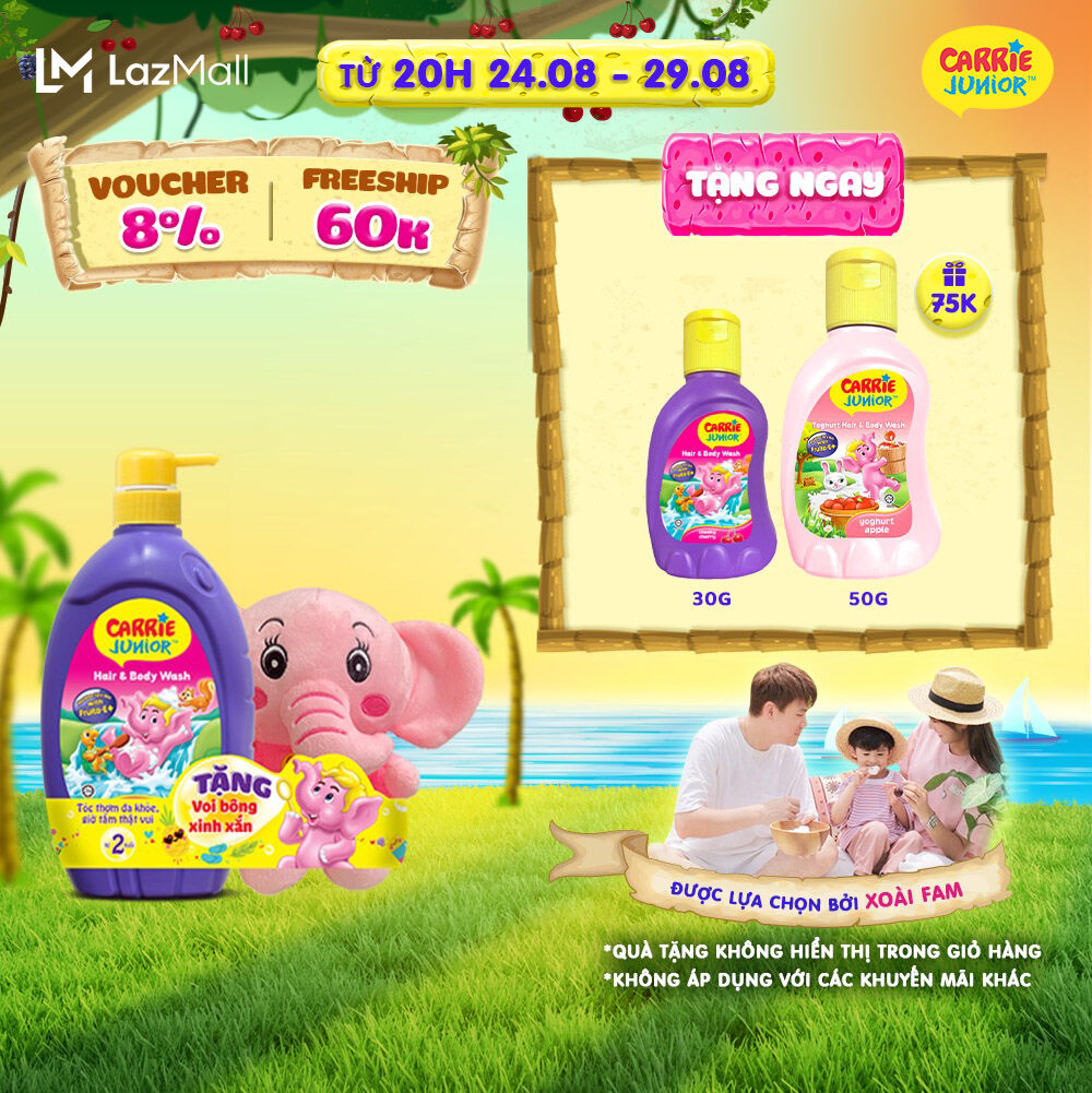 [TẶNG KÈM Voi bông] Chai Sữa Tắm Gội Cho Bé Carrie Junior chiết xuất trái cây thiên nhiên hương Cherry 700g
