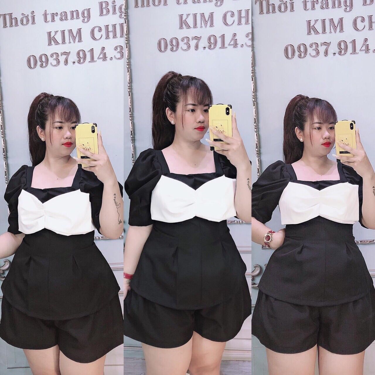 [Shop bigsize nữ 50kg-90kg] Set áo peplum nơ mix short - SNO