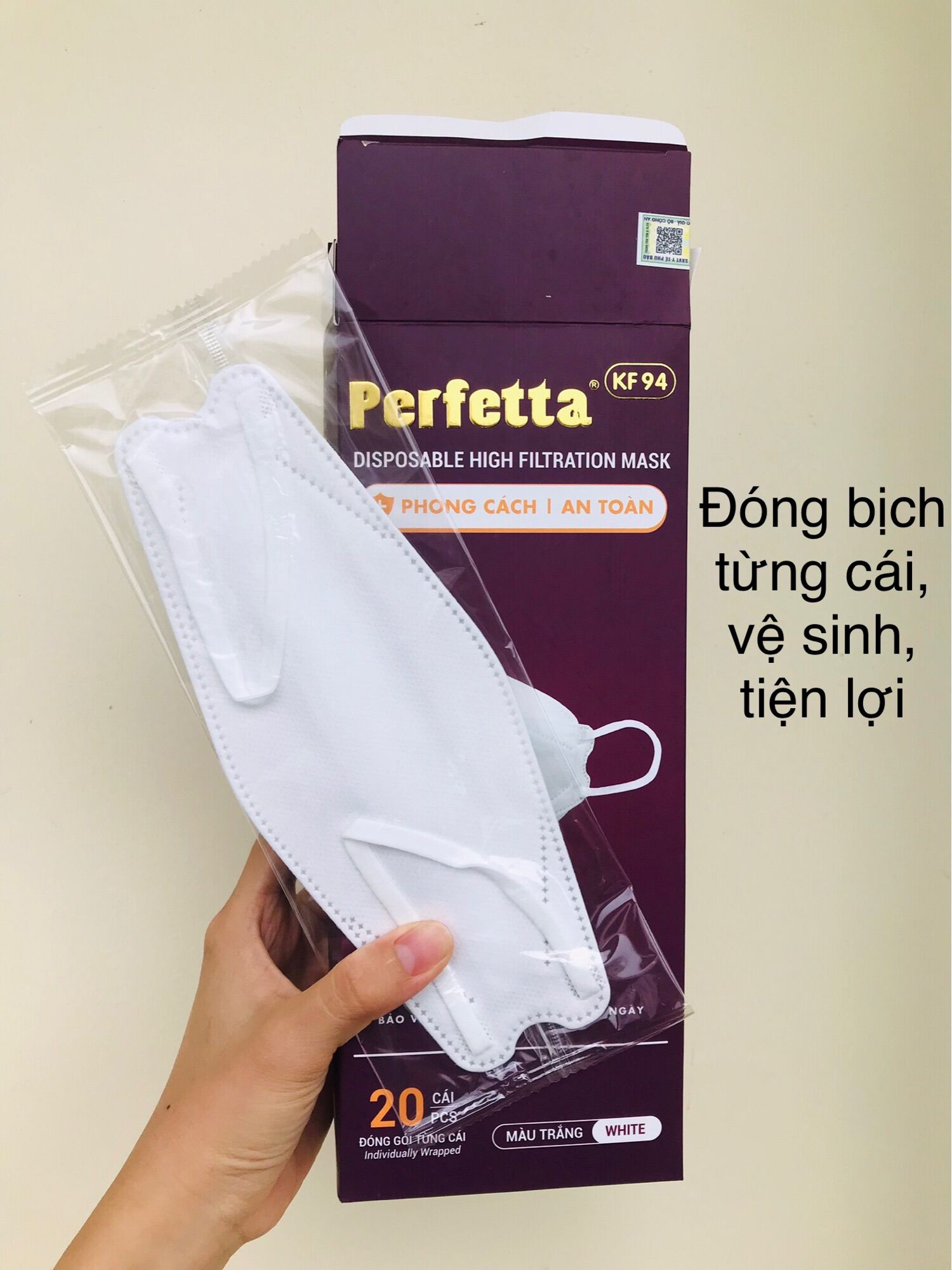 [CAO CẤP] Khẩu trang KF94 Perfetta Trắng/Đen (20 Cái/Hộp) - 3 lớp kháng khuẩn - Bsafe