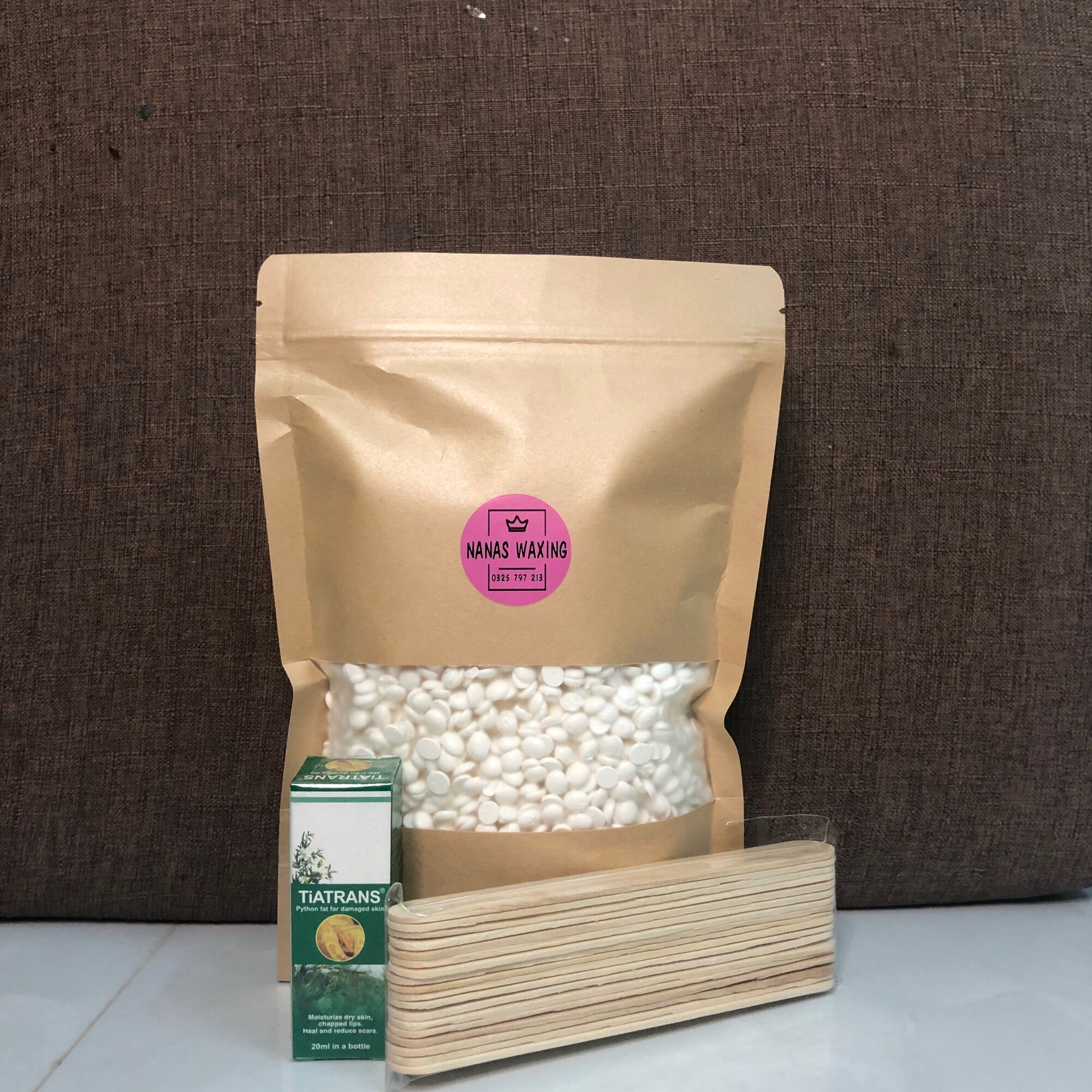 Sáp wax lông dừa 500g + chén silicon + mỡ chăn 20ml + que wax