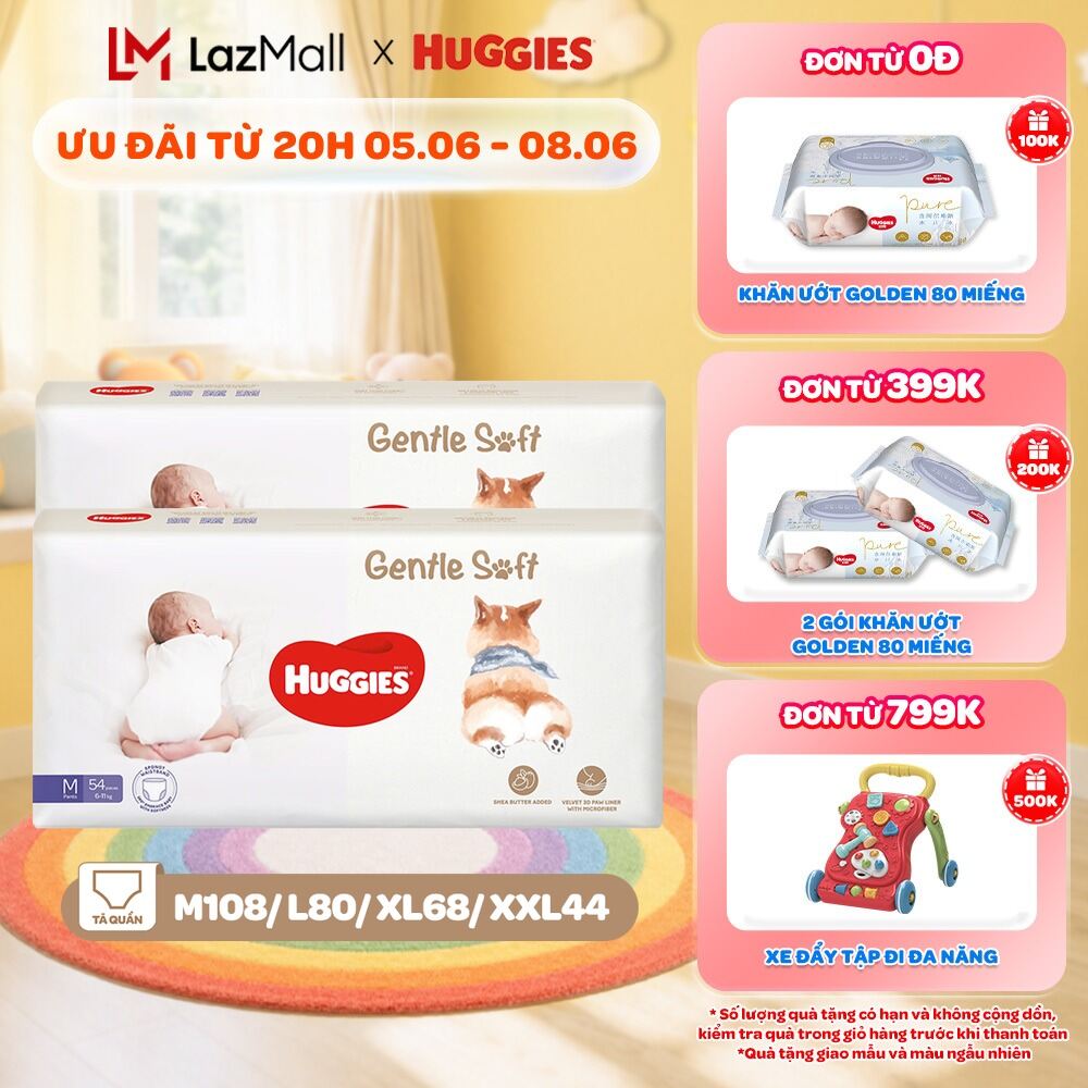 Combo 2 Tã quần Huggies Gentle Soft - Corgi M54/L40/XL34/XXL22 miếng êm mềm nâng niu làn da bé