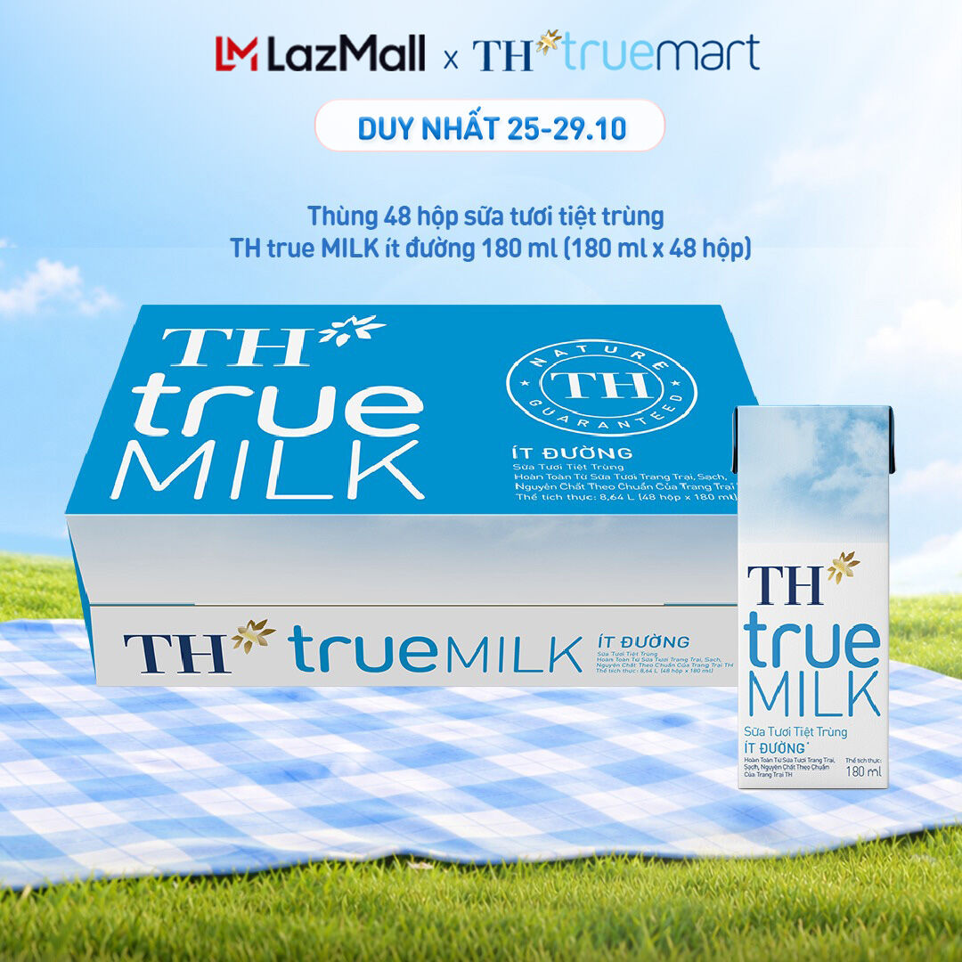 Thùng 48 hộp sữa tươi tiệt trùng TH true MILK ít đường 180 ml (180 ml x 48)