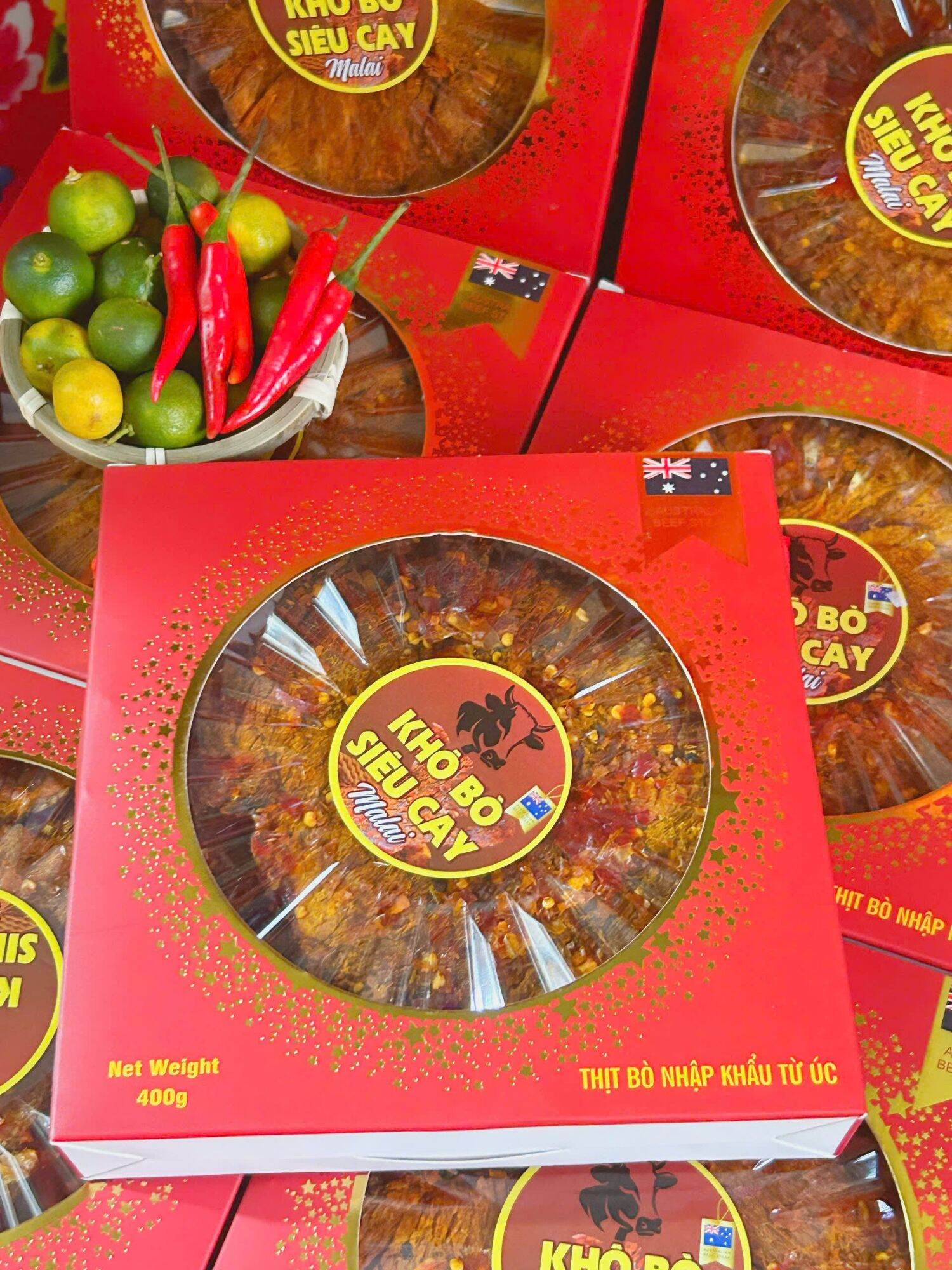 Khô bò siêu cay Malai - Khô bò tiêu đen - Khô bò siêu cay Tứ xuyên hộp 400g mẫu hộp Tết