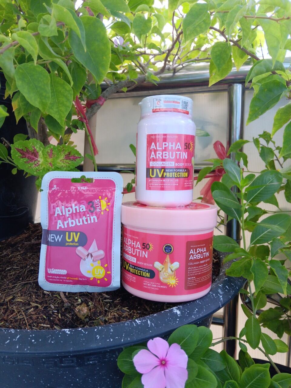 Combo 3món. kem body dữỡng trắng alpha abutin 500g+1hộp kích trắng 250g+1vỉ 10viên cấy trắng alpha abutin thái lan