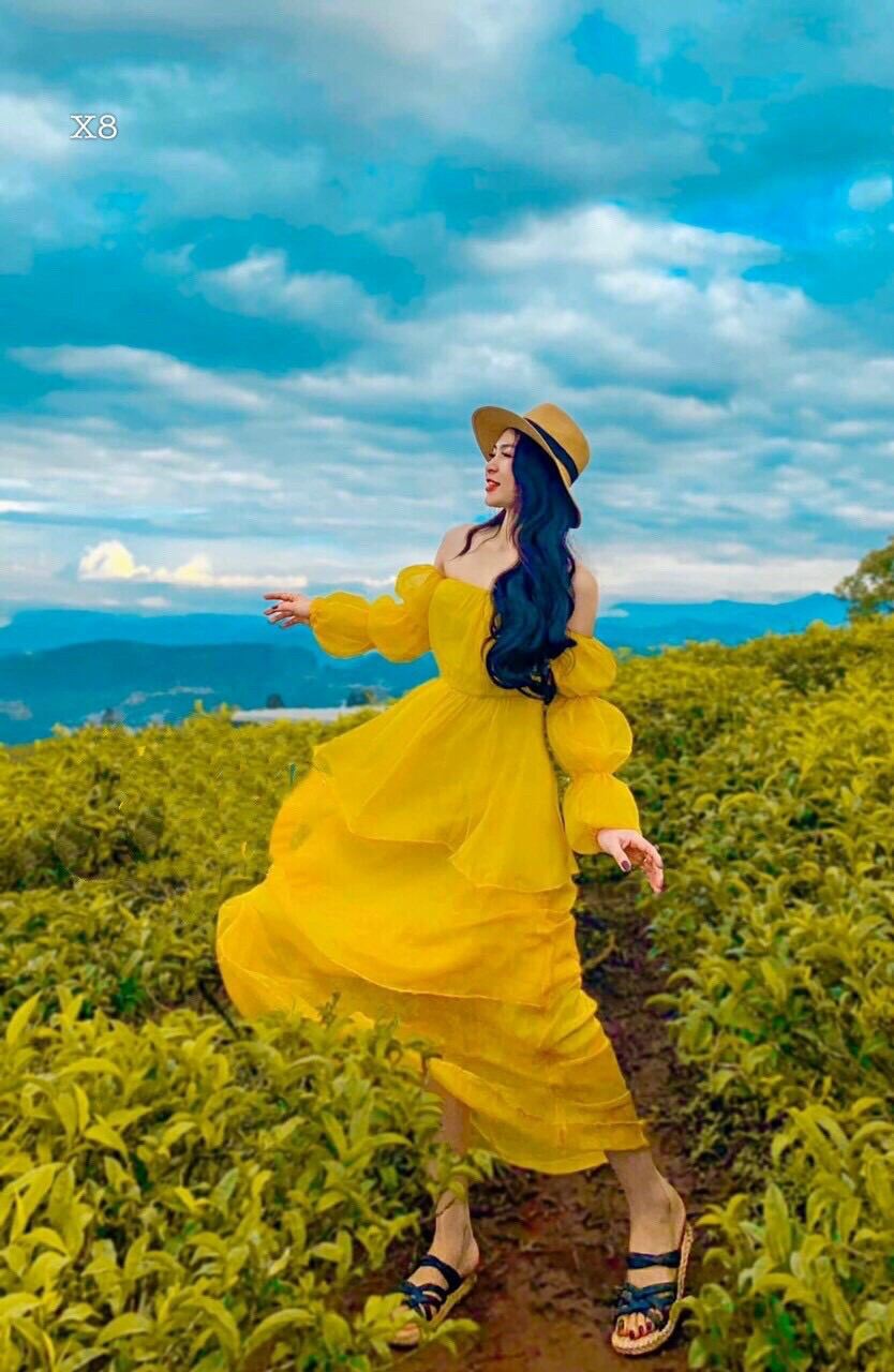 [HCM]Đầm Váy Maxi Vàng Thiết Kế Tầng Cúp Ngực Trễ Vai Tay Phồng Dài Dự Tiệc Du Lịch Sống Ảo Xinh Đẹp Sang Chảnh Hot Lắm ạ