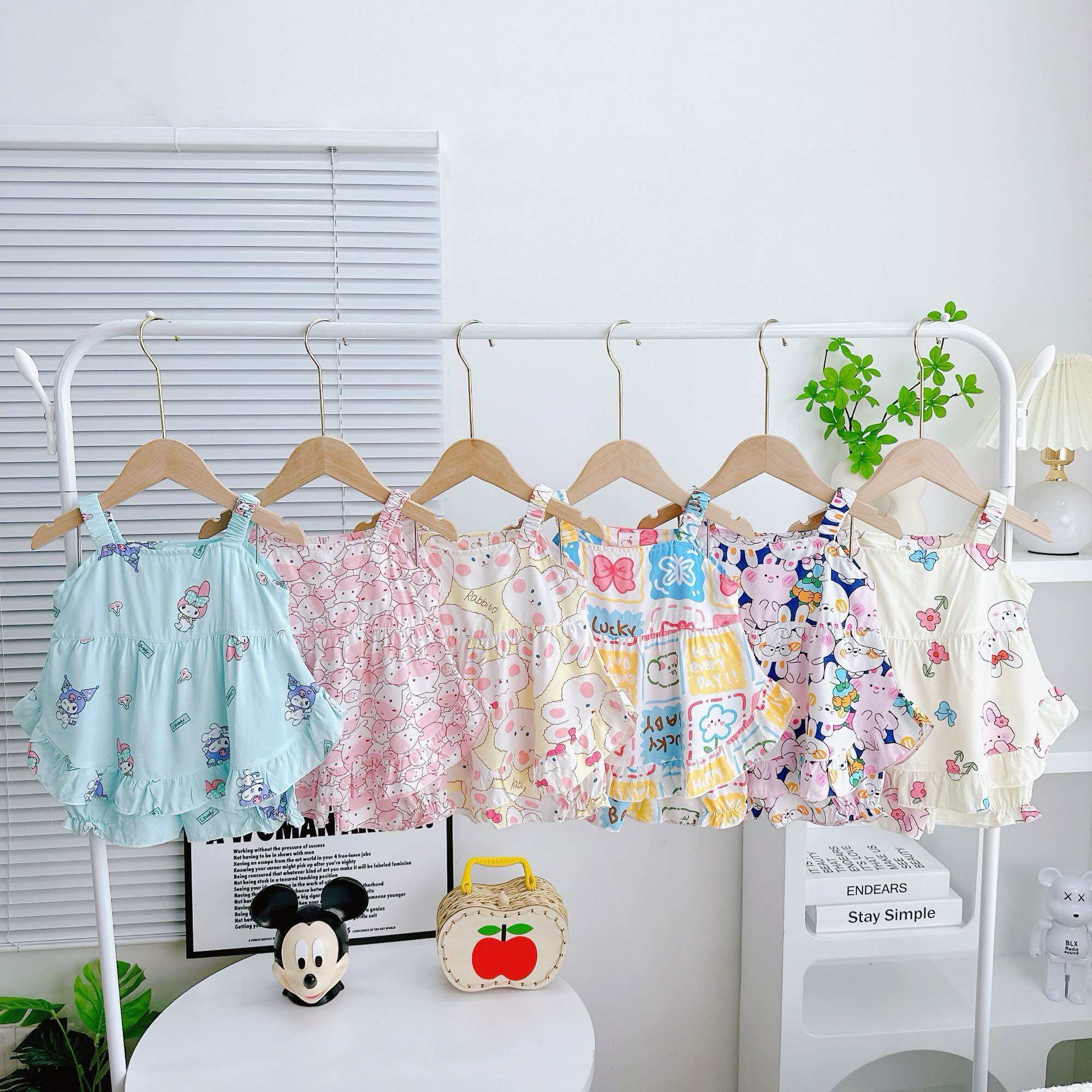 NT172 Bộ lanh 2 dây dáng baby doll áo lai bèo, quần nhún cho bé gái, bộ tôn tole hai dây