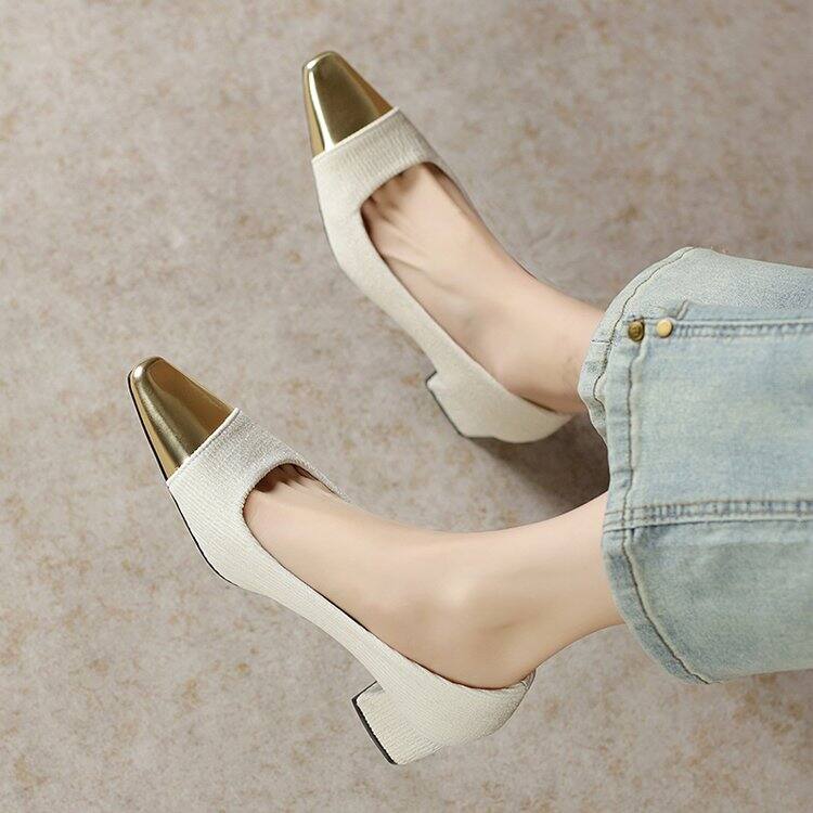 Thanh Lịch Retro Gold Toe Block Gót Peep Toe Giày Đơn Giày Cao Gót Giữa Gót Mùa Xuân 2024 Mới Phong 