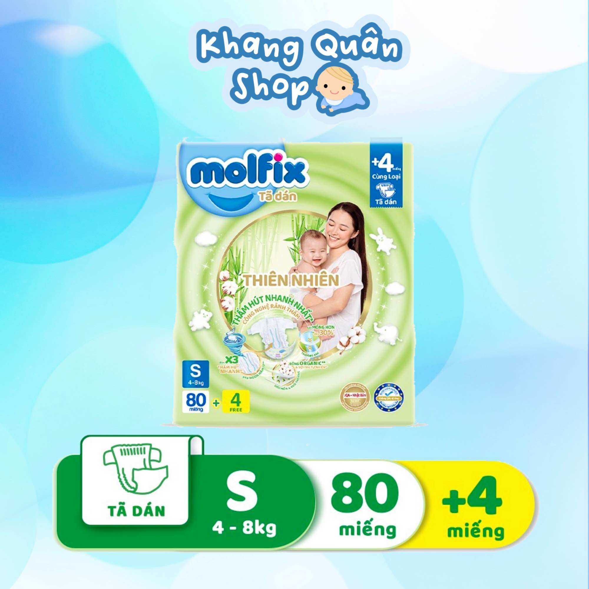Tã/bỉm dán molfix thiên nhiên size s80+4 miếng có vạch báo thay đổi màu tã