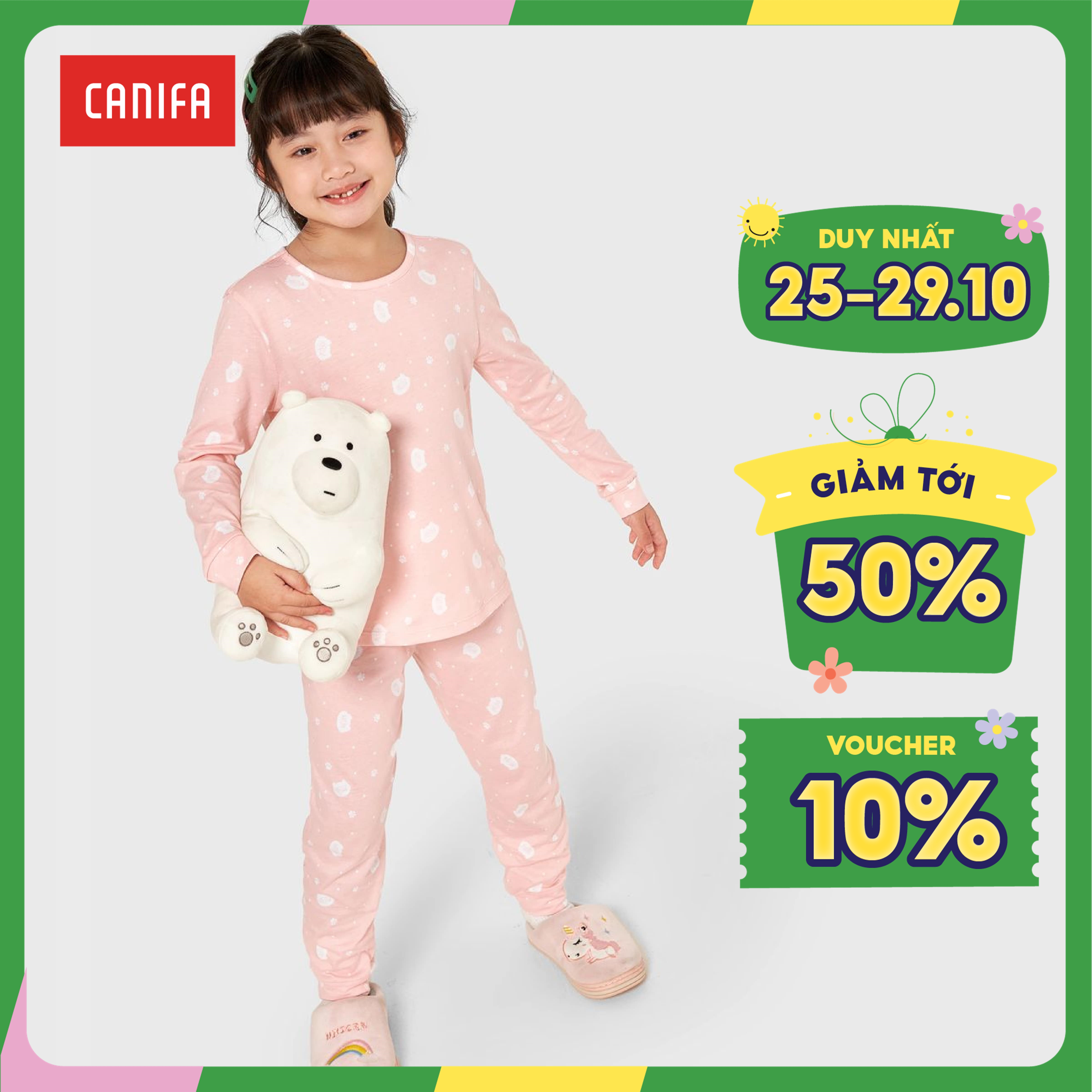 Váy 2 dây bé gái canifa 100% cotton, in tràn họa tiết trái tim 1ds22s013