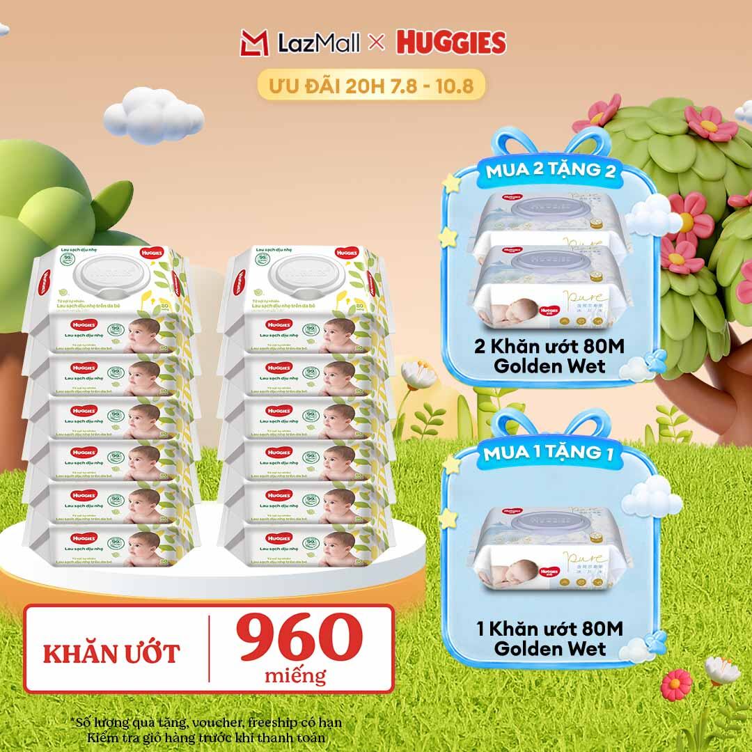 [20h 7-10.8 GIẢM THÊM 90K] Thùng khăn giấy ướt 12 gói Huggies 80 miếng không mùi
