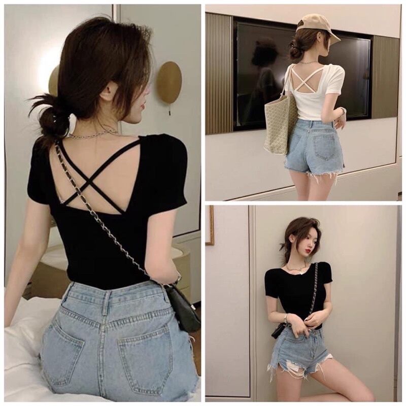 Áo croptop cổ tròn lưng chéo dây tay ngắn