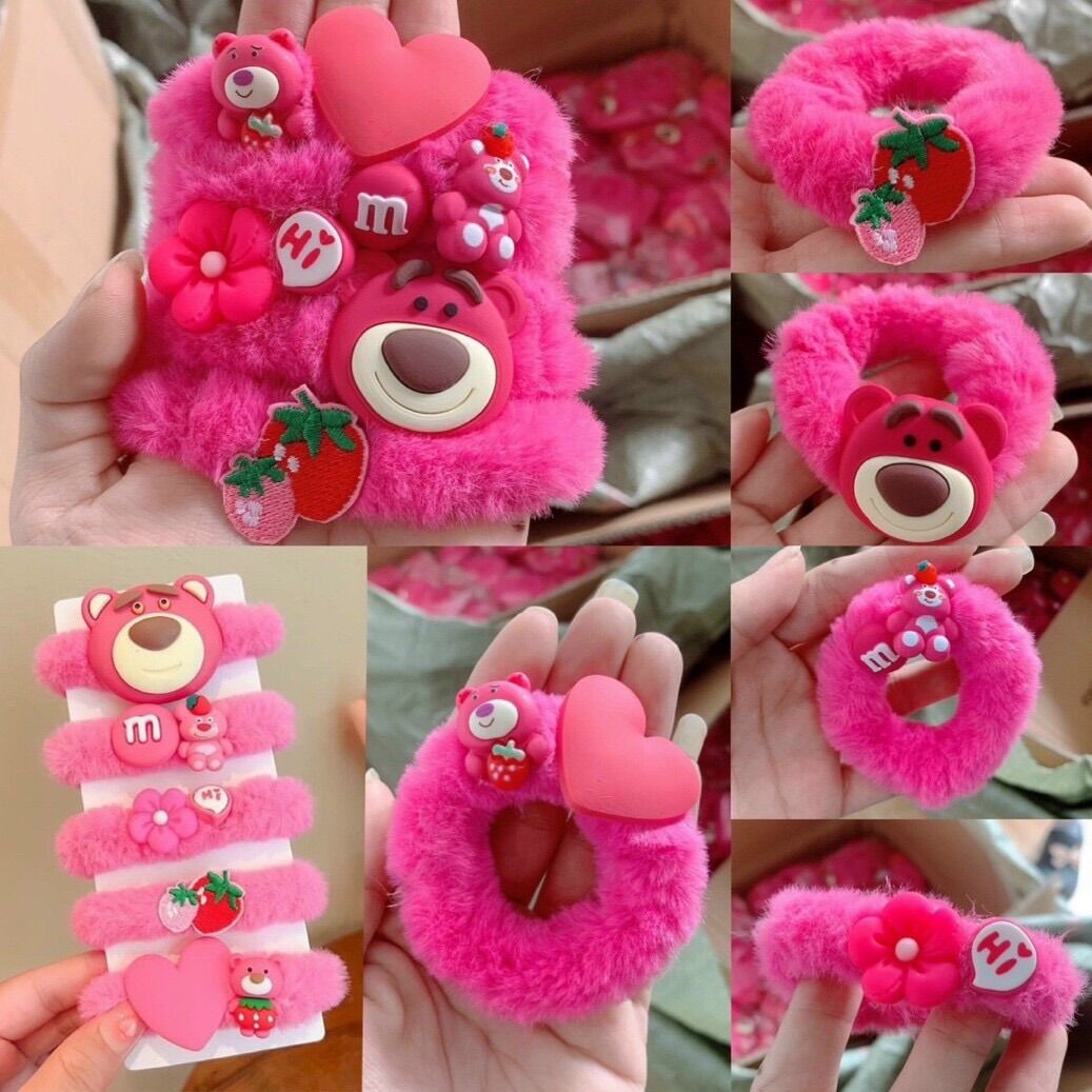 SET 5C CỘT TÓC SCRUNCHIES GẤU DÂU LOTSO