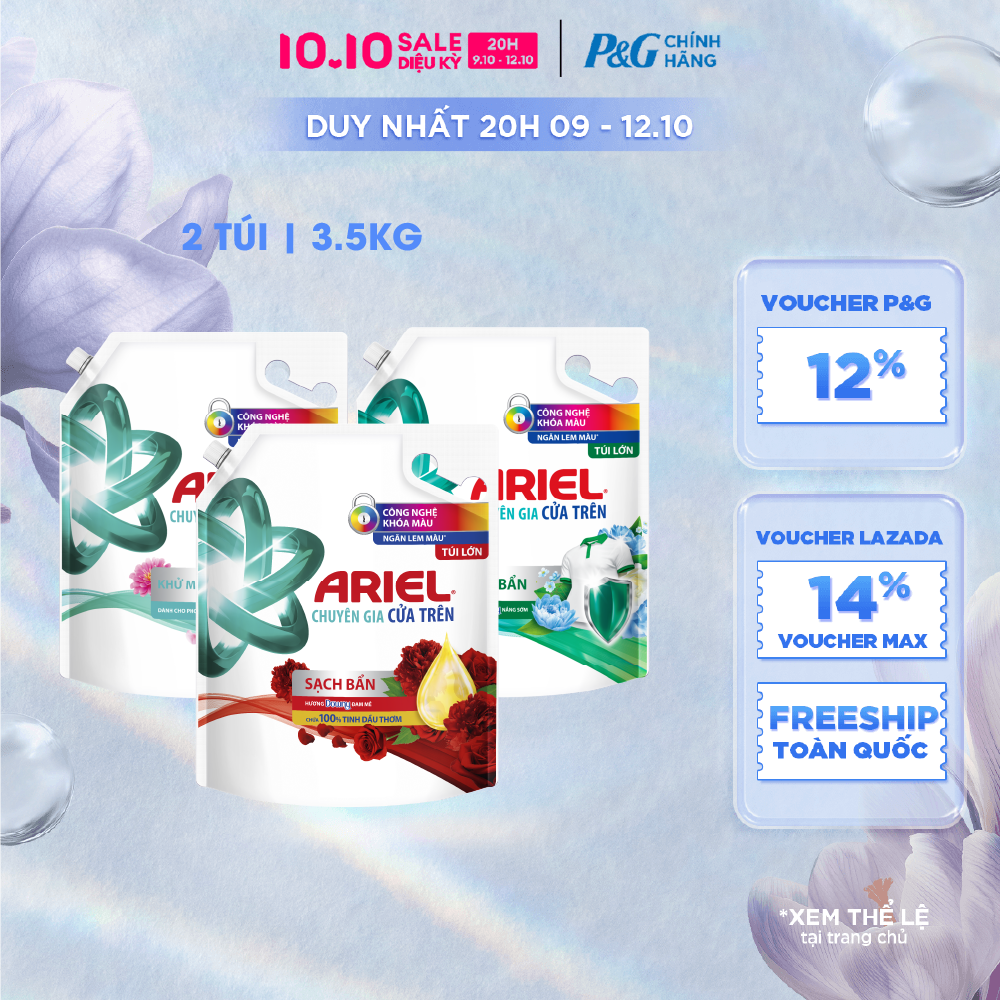 [Voucher 12%] Combo 2 Nước Giặt Cửa Trên ARIEL Ngăn Lem Màu, Quần Áo Siêu Thơm Hương Sạch Sâu Nắng Mai/ Đam Mê/ Downy Oải Hương Túi 3.65KG/ 3.2KG