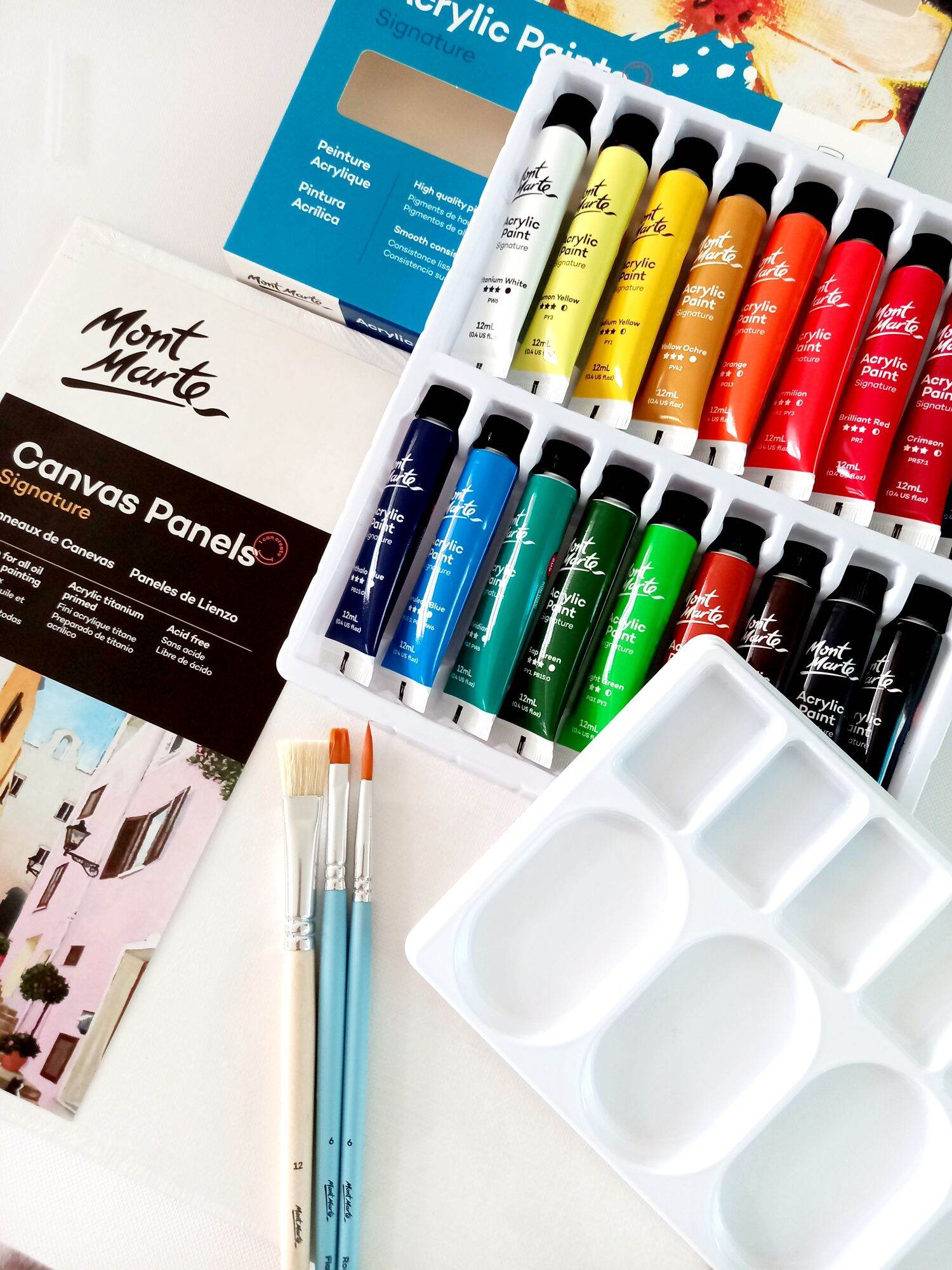 Combo họa cụ vẽ tranh acrylic/bộ 2pc tấm ép canvas 25.4x35.5cm + hộp màu acrylic 18pc/12ml+ set 3 cọ + quà tặng palette Mont Marte
