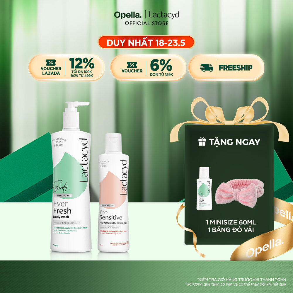Bộ 1 Sữa tắm Lactacyd Ever Fresh mang lại làn da thơm mát và tràn đầy sức sống đến 24 giờ + 1 DDVS Phụ nữ Lactacyd Pro Sensitive Cho Da Nhạy Cảm 250ml Women
