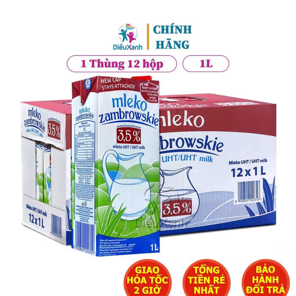 01 thùng Sữa tươi tiệt trùng nguyên kem Mleko Zambroskie 1L béo 3,5% nhập