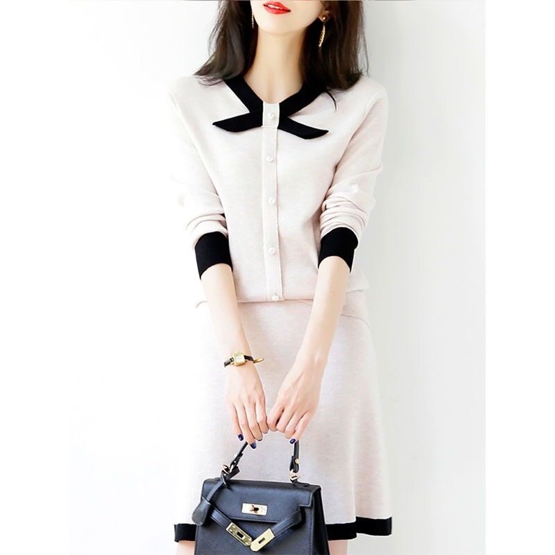 Set áo len cổ nơ + chân váy len xoè cao cấp