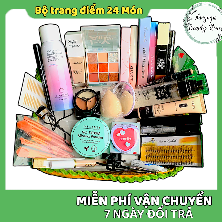 Bộ Trang Điểm 24 món, bộ 18 món, Bảng phấn mắt, Kem nền, Kẻ mắt, Kẻ mày, Kẹp cong mi, Gương, Bộ khuôn vẽ mày và Bông mút