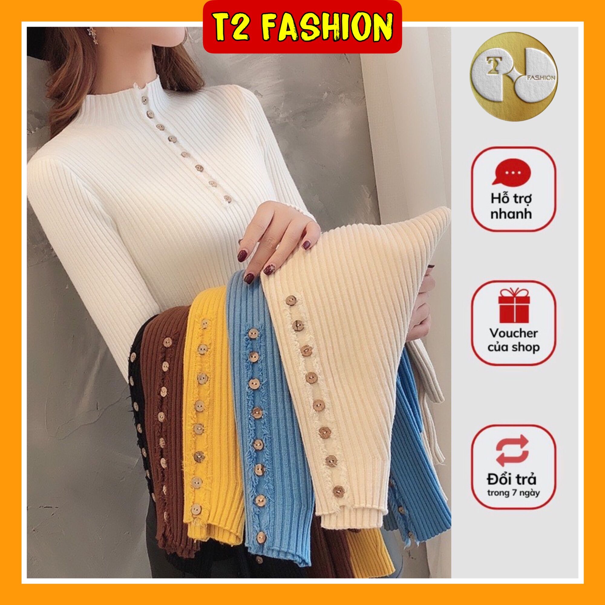 Áo len dài tay cổ 3 phân đính cúc ngực+tay cao cấp