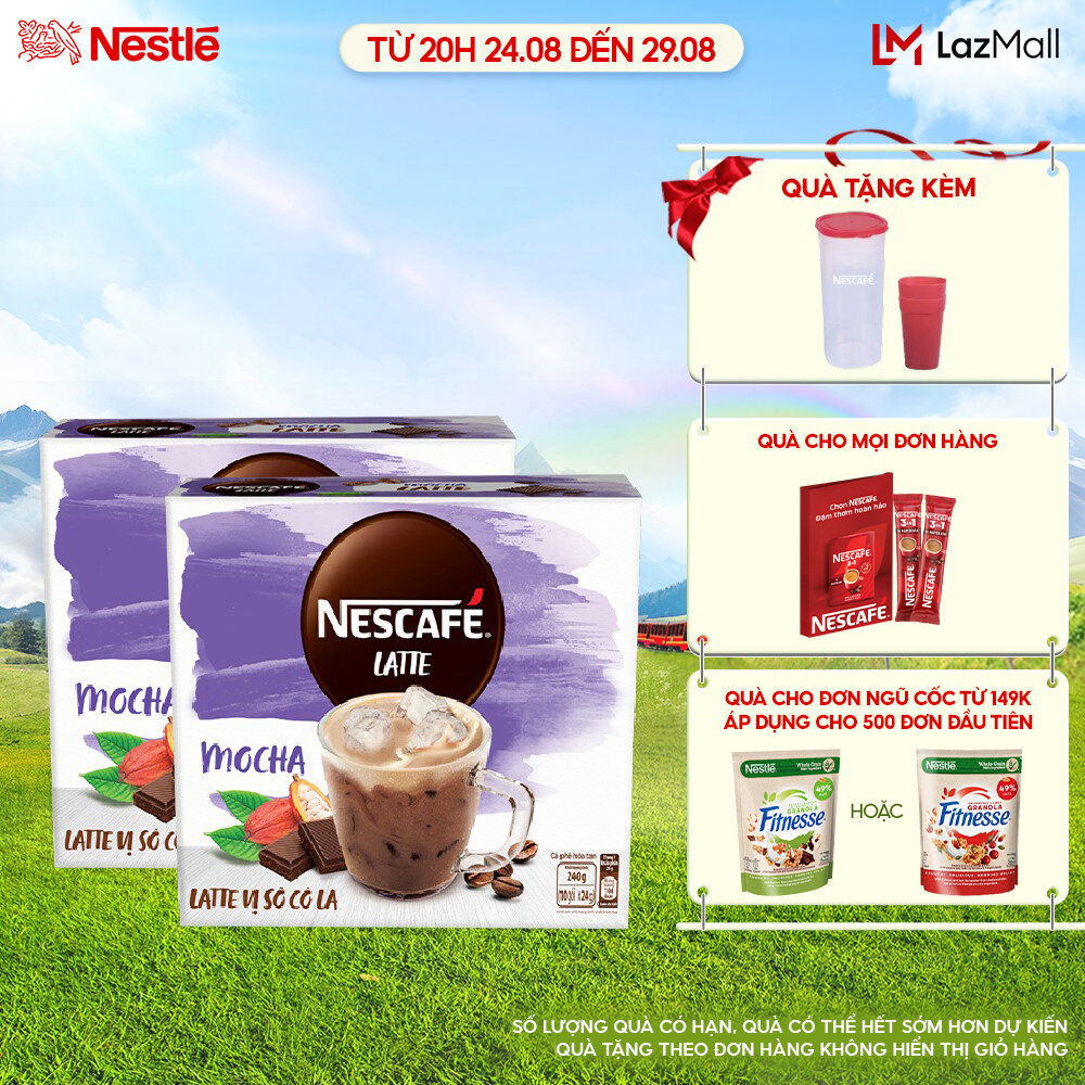 [QUÀ TẶNG THÁNG 8 - Mua 1 tặng 1 Bộ picnic hộp đựng và 2 ly NESCAFE] Combo 2 Hộp Cà phê hòa tan NESCAFÉ Latte Vị Sô cô la (Hộp 10 gói x 24g)