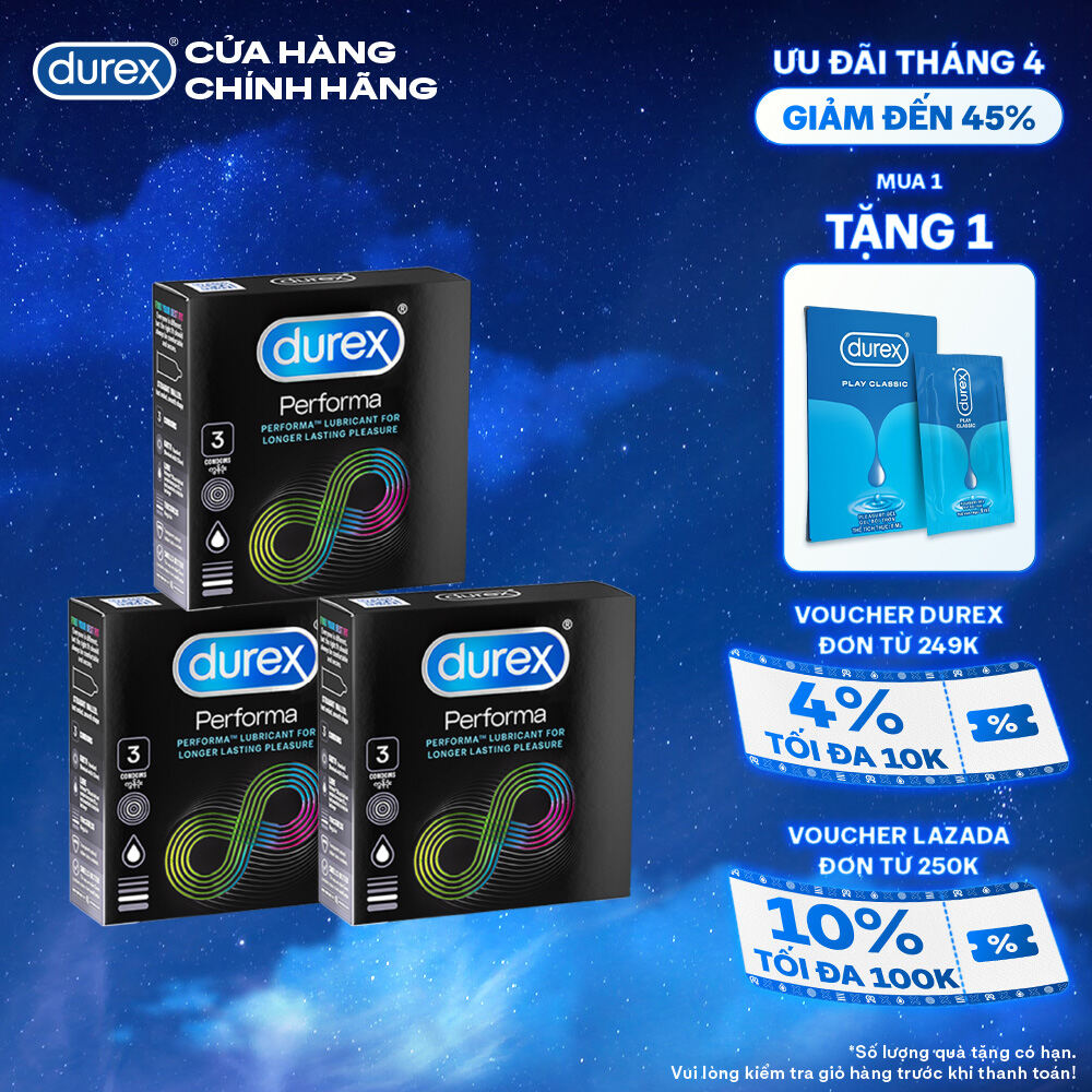 Bộ 3 hộp bao cao su Durex Performa kéo dài thời gian, size 52mm, 3 bao/hộp