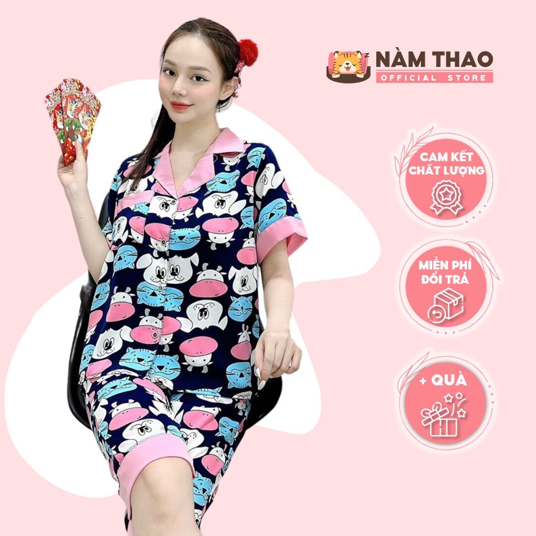 Bộ mặc nhà pyjama nàm thao lụa mango - top mẫu quần lửng cộc tay siêu hot • size 40-60kg • nt60