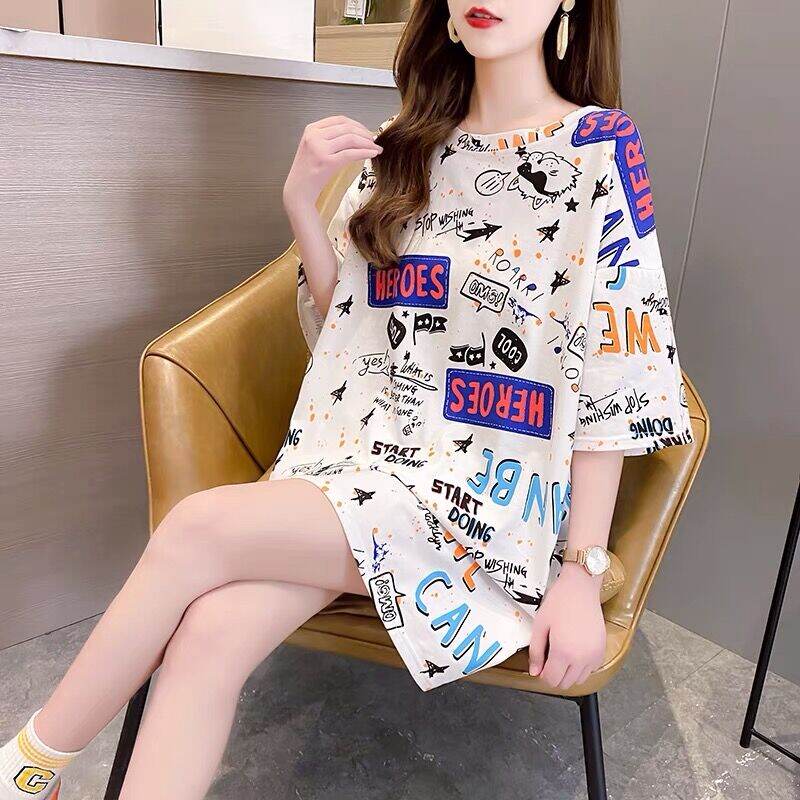 Áo Thun Cộc Tay Dáng Dài Vừa Nữ Mẫu Mới Mùa Hè 2021 Hàng Châu Âu Thương Hiệu Sành Điệu Siêu Hot Kiểu In Họa Tiết Chữ Cỡ Lớn Rộng Rãi CEC