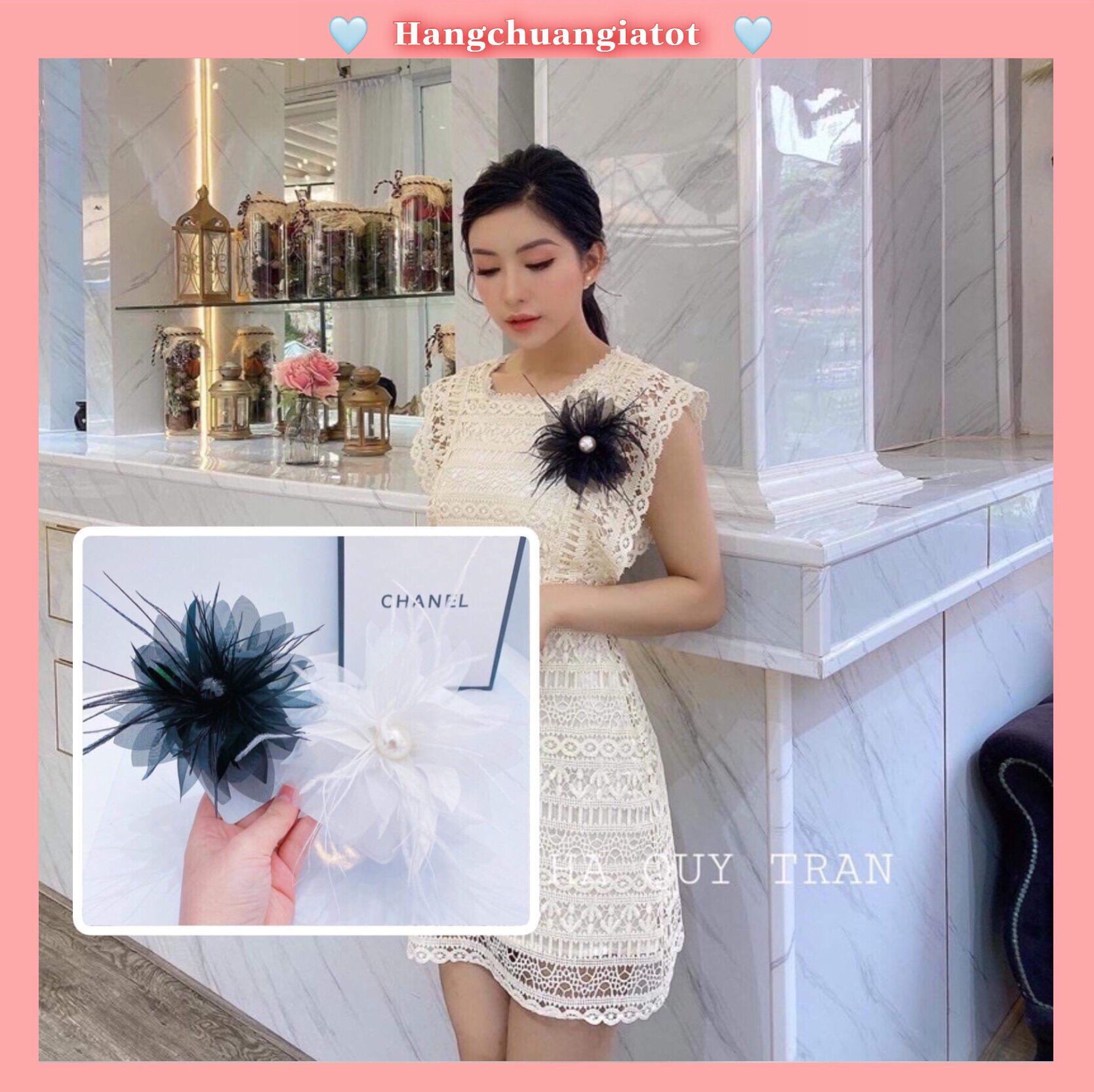 Hoa voan cài áo, Trâm cài áo hoa voan kết hợp lông đà điểu phong cách độc lạ sang trọng quý phái