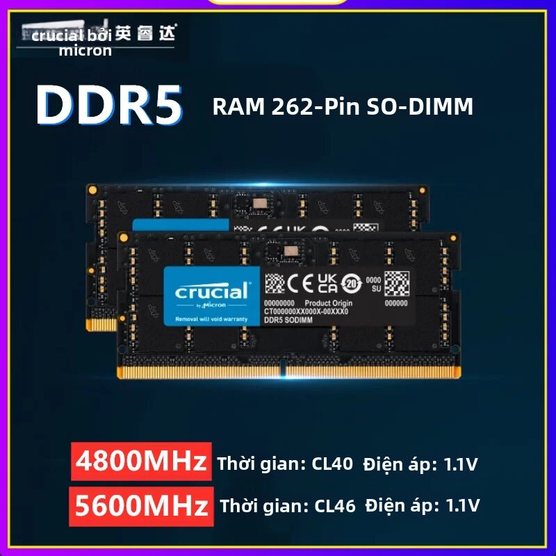 crucial | RAM DDR5 SODIMM Quan Trọng Cho Laptop 16GB/24GB/32GB/48GB 4800MHz/5600MHz 1.1V Nâng Cấp Bộ Nhớ Tốc Độ Cao Cho Máy Tính Xách Tay Giá 9,112,000 Đồng*Miễn phí vận chuyển